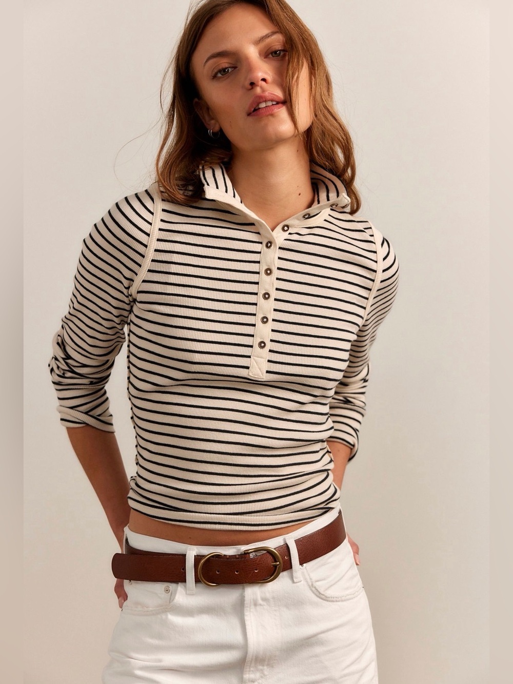 Free People soft black striped Henley, size Small